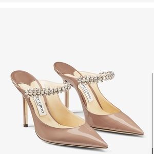 Jimmy Choo Bing 100 Ballet Pink Patent Leather Mules with Crystal Strap 41.5